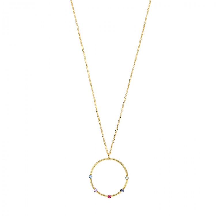 Collier en argent 925/1000 doré avec cercle serti de 5 cristaux multicolores