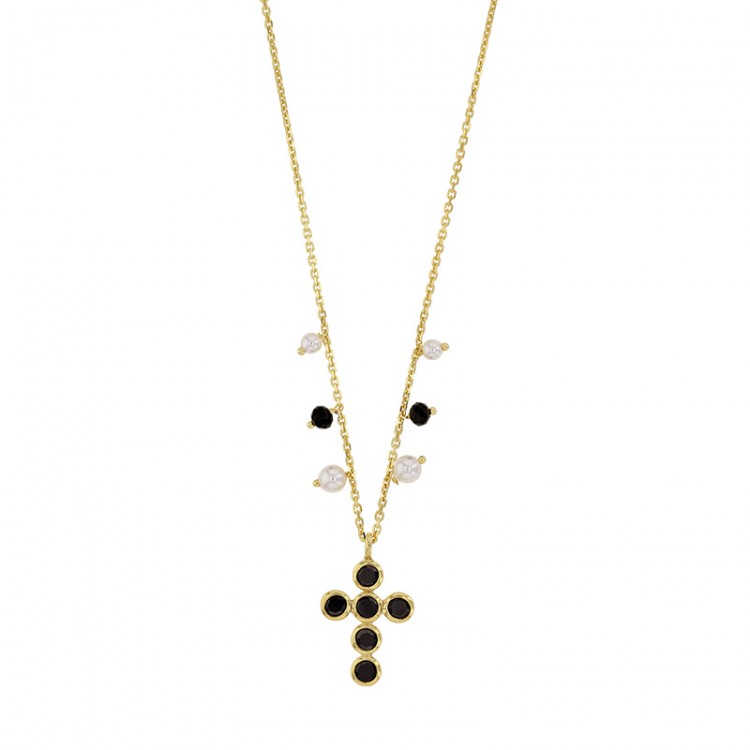 Collier croix GYPSY MARIA teintés noir et perles, argent 925/1000 doré