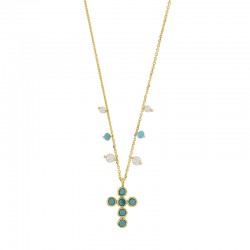 Collier en argent 925/1000 doré croix GYPSY MARIA teintés turquoise et perles