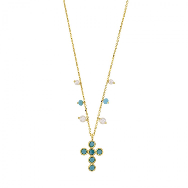 Collier en argent 925/1000 doré croix GYPSY MARIA teintés turquoise et perles