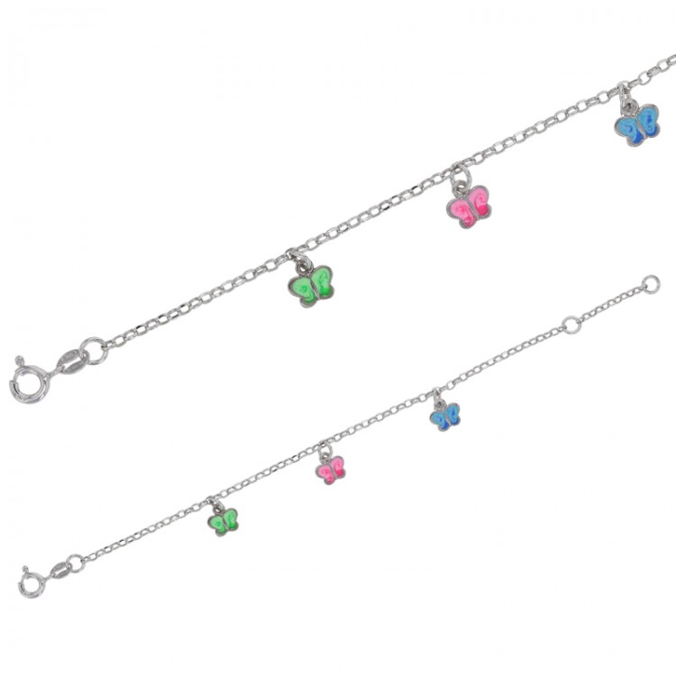 Bracelet en Argent avec Papillons Rose, Bleu et Vert