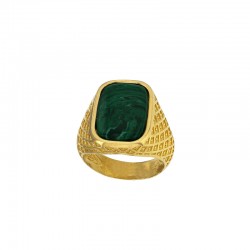 Bague chevalière NEO-BAROQUE argent 925/1000 doré avec pierre synthétique malachite.