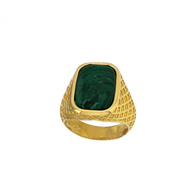 Bague chevalière NEO-BAROQUE argent 925/1000 doré avec pierre synthétique malachite