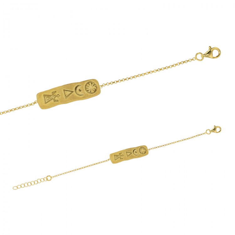 Bracelet plaque motifs "rupestre" en argent 925/1000 doré