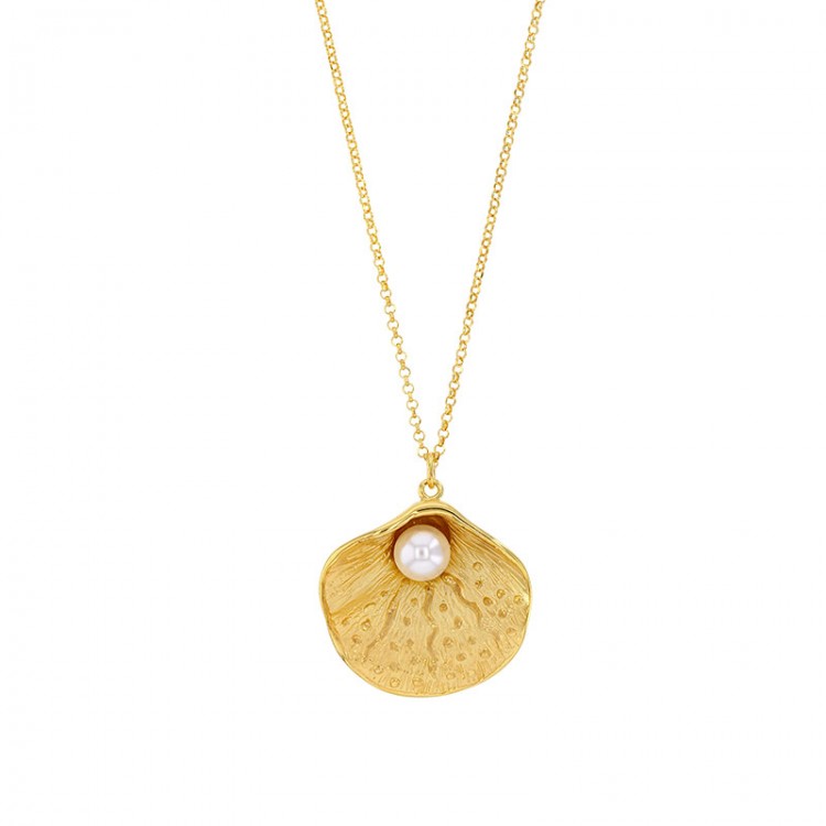 Collier coquillage en argent 925/1000 doré orné d'une perle synthétique