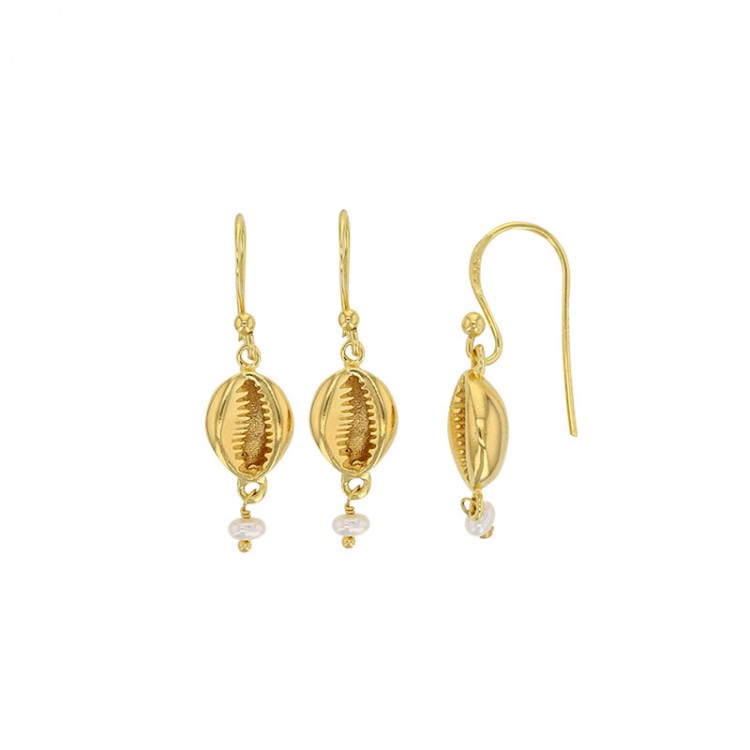 Boucles d'oreilles coquillages en argent 925/1000 doré avec perle de culture