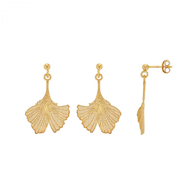 Boucles d'oreilles feuilles de Ginkgo en argent 925/1000 doré