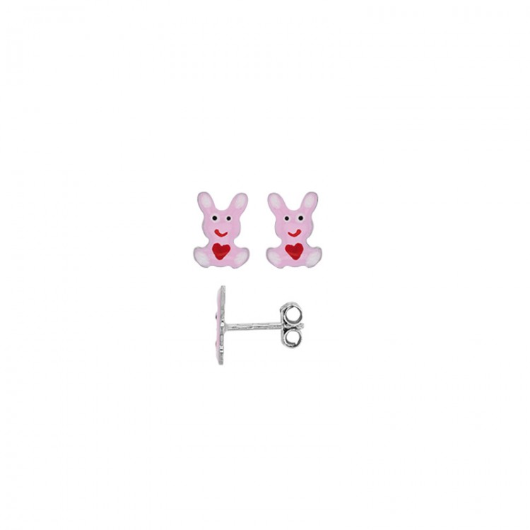 Boucles d'oreilles en argent lapin cœur rouge.