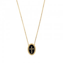 Collier en plaqué or avec pendant ovale perlé croix émail noir
