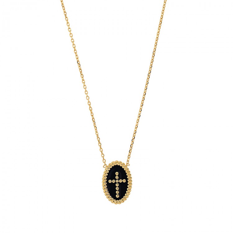 Collier en plaqué or avec pendant ovale perlé croix émail noir