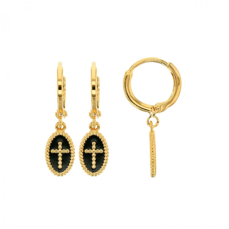 Créoles en plaqué or pendant ovale perlé croix émail noir.