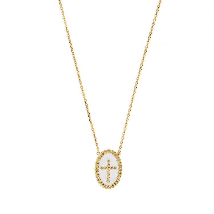Collier en plaqué or pendant ovale perlé croix émail blanc