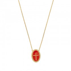 Collier en plaqué or pendant ovale perlé croix émail rouge.