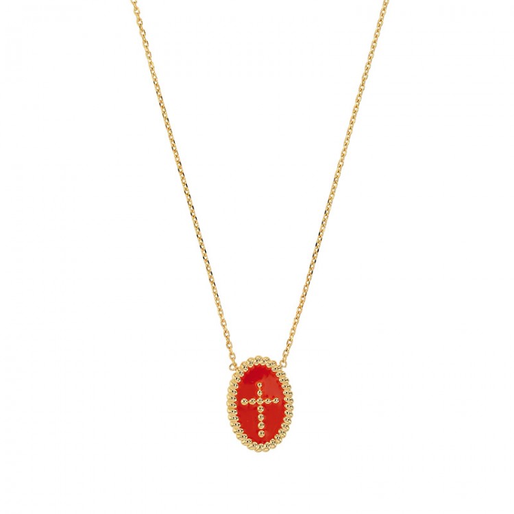 Collier en plaqué or pendant ovale perlé croix émail rouge