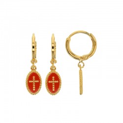 Créoles en plaqué or pendant ovale perlé croix émail rouge.