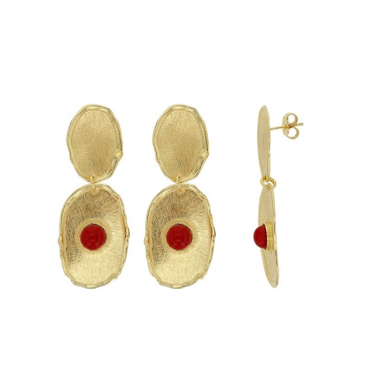 Boucles d'oreilles ANTIC argent 925/1000 doré brossé, perle synthétique imitation corail