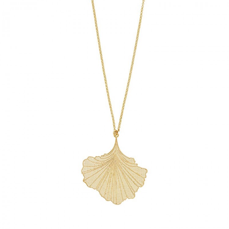 Collier pendant grande feuille de Ginkgo en filigrane argent 925/1000 doré