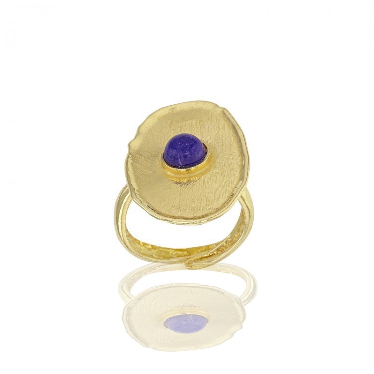 Bague réglable ANTIC argent 925/1000 doré brossé, pierre synthétique imitation Lapis-lazuli