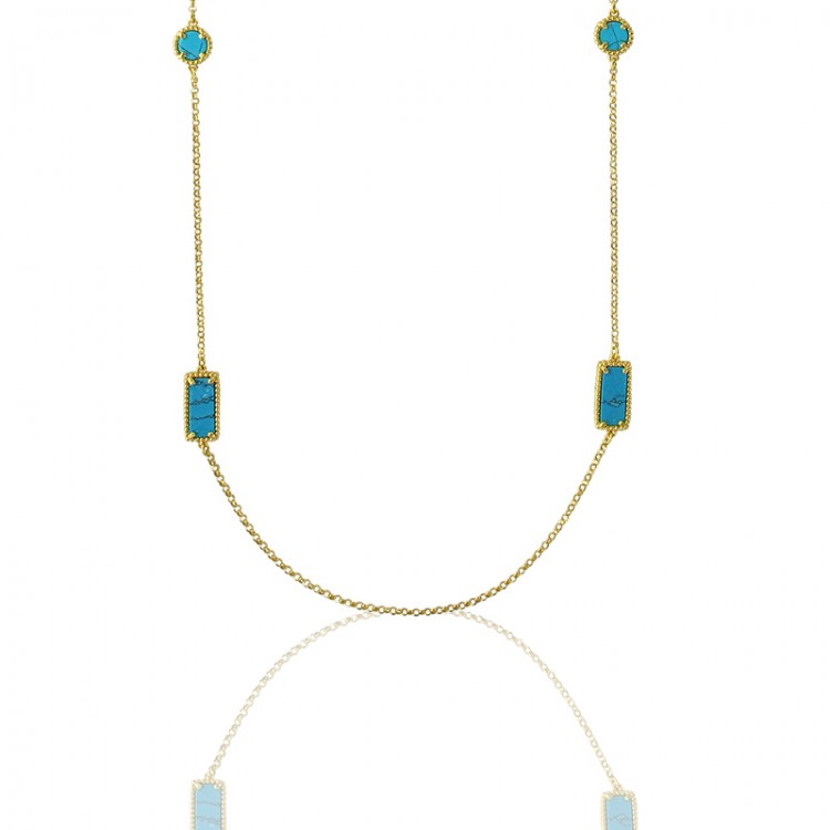 Collier sautoir en argent 925 doré orné de turquoises reconstituées