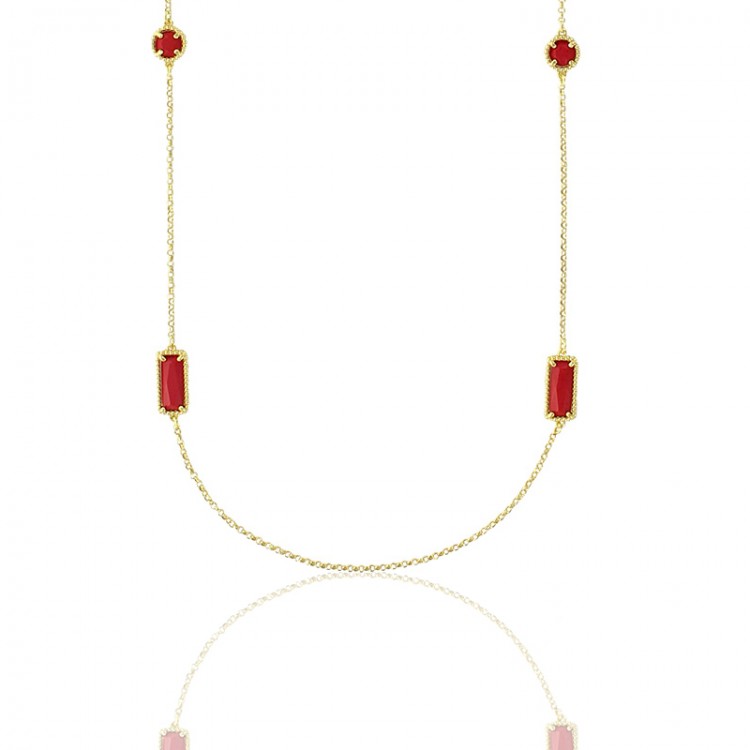 Collier sautoir avec perle de verre couleur corail en argent 925 doré