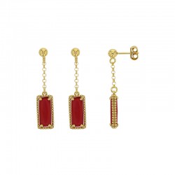 Boucles d'oreilles rectangle perlées rouge corail en argent 925/1000 doré