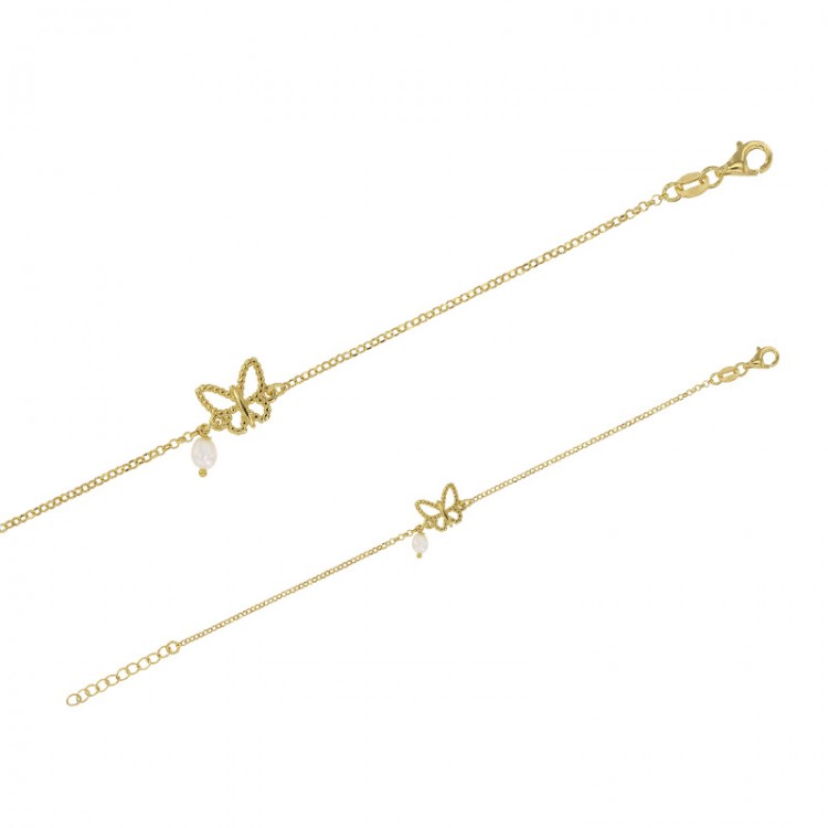 Bracelet papillon avec une perle synthétique en argent 925/1000 doré