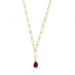 Collier perlé avec une pierre goutte rouge argent 925/1000 doré