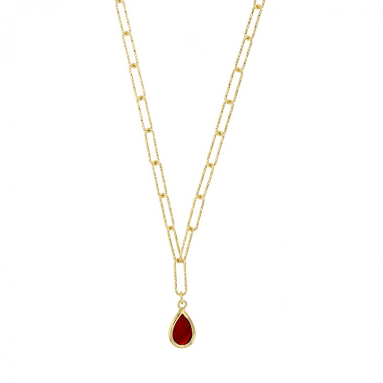 Collier perlé avec une pierre goutte rouge argent 925/1000 doré