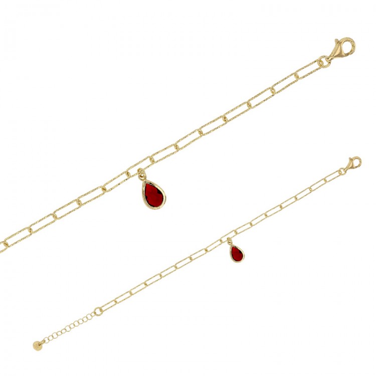 Bracelet perlé avec une pierre goutte rouge argent 925/1000 doré