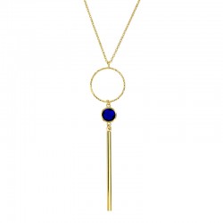 Collier perlé avec une pierre couleur saphir et un cercle diamanté en argent 925/1000 doré