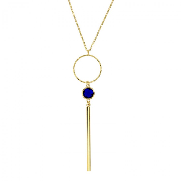 Collier perlé avec une pierre couleur saphir et un cercle diamanté en argent 925/1000 doré