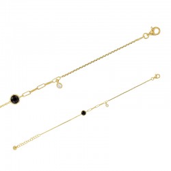 Bracelet perlé avec deux pierres synthétiques noir et blanc en argent 925/1000 doré