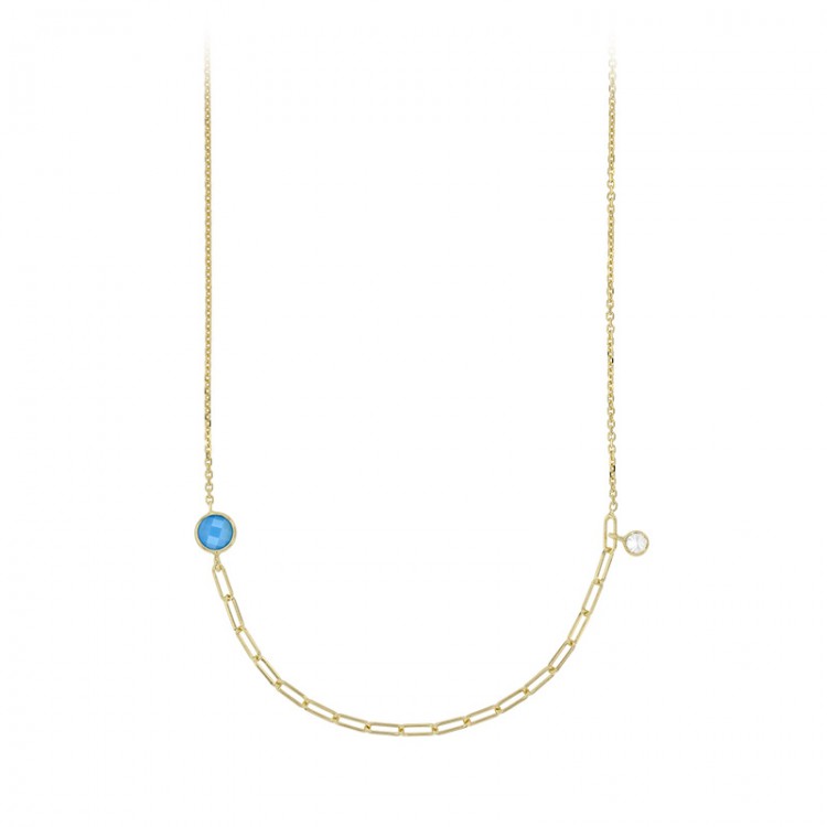 Collier perlé avec deux pierres synthétique turquoise et blanc en argent 925/1000 doré