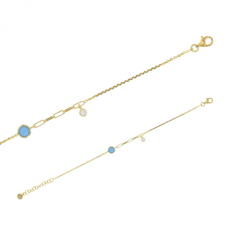 Bracelet perlé avec deux pierres synthétique turquoise et blanc en argent 925/1000 doré