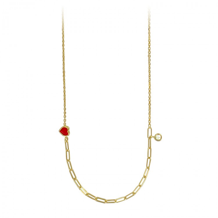 Collier perlé avec deux pierres synthétique rouge et blanc en argent 925/1000 doré