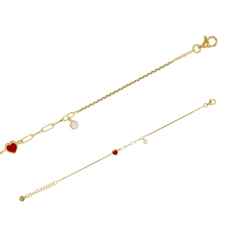 Bracelet perlé avec deux pierres synthétique rouge et blanc en argent 925/1000 doré